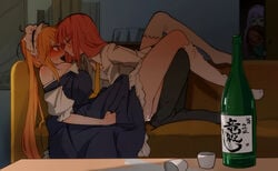 4girls :o alcohol alternate_hairstyle aqua_eyes asymmetrical_legwear bangs bare_shoulders between_legs blonde_hair blue_eyes blunt_bangs blush bohegao bottle breasts brown_hair choko_(cup) closed_mouth clothing collared_shirt couch cup dark door dress dress_shirt drink drunk eye_contact female_only fingering frilled_hairband frilled_sleeves frills full-face_blush full_body fully_clothed glasses gradient_hair hair_down hair_ornament hairband huge_breasts implied_fingering indoors intimate jitome kanna_kamui kobayashi kobayashi-san_chi_no_maidragon kobayashi_(maidragon) light_purple_hair long_hair long_sleeves looking_at_another lying maid maid_headdress maid_uniform miss_kobayashi's_dragon_maid multicolored_hair multiple_girls necktie nikigo_nuno nikogo_nuno no_gloves no_shoes off_shoulder on_back open_clothes open_mouth open_shirt orange_hair pants peeking_out peeping profile puffy_short_sleeves puffy_sleeves pussy_juice pussy_juice_stain red_eyes red_hair rimless_eyewear round_eyewear saikawa_riko sake sake_bottle seductive_smile shadow shiny shiny_skin shirt short_sleeves small_breasts smile spilled_alcohol spilled_drink sweat table tank_top tearing_up tears tears_of_pleasure teeth thighhighs thighs tie tohru_(dragon_maid) tohru_(maidragon) twintails two-tone_hair uneven_legwear upper_teeth very_long_hair wavy_hair wavy_mouth white_legwear white_shirt wholesome wholesome_sex yellow_neckwear yuri