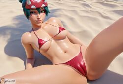 ai_generated beach bikini blizzard_entertainment brown_eyes camel_toe cameltoe galszip green_hair hd kiriko_(overwatch) kiriko_kamori lying lying_down lying_on_back lying_on_sand micro_bikini nipple_bulge overwatch overwatch_2 red_bikini red_bikini_bottom red_bikini_top sand shadows spread_legs spreading sweat sweating tanline tanlines tanned tanned_skin tight_bikini tight_clothes tight_clothing wet