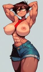 1girls abs ai_generated arms_up brown_hair fit fit_female jean_shorts kosine1777 kosineverse muscle_girl muscles muscular muscular_female naked_necktie necktie original original_character red_necktie reiko_(kosine1777) short_hair tomboy toned toned_female topless valbun_style