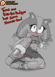 1futa anthro anus ass badger balls bandeau bare_shoulders blush bottomless_skirt bottomwear breasts butt_from_the_front clothing clothing_aside curvy english_text flaccid footwear foreskin front_view full-package_futanari futa_only futanari grey_background high-angle_view highwaytotartarus intersex large_ass large_breasts looking_at_viewer mammal monochrome mustelid musteline no_panties no_underwear on_ground penis penis_under_clothes penis_under_skirt puffy_anus pussy shoes simple_background skirt skirt_lift solo solo_futa sonic_(series) sonic_boom sticks_the_badger sticks_the_jungle_badger sticks_the_tejon text tied_hair uncut under_boob worried