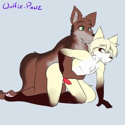 1:1 2019 animal_genitalia animal_penis anthro anthro_on_anthro balls biped blush brutus_(twokinds) canid canine canine_penis canis clovis_(twokinds) digitigrade duo erection eyebrows eyelashes fox from_behind_position hair happy happy_sex humanoid_hands hybrid kneeling long_hair looking_back male mammal pawpads penis sex simple_background smile twokinds webcomic wolf wolfie-pawz yaoi