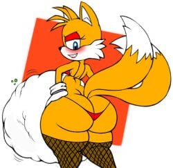 1boy 1male anthro ass_focus big_belly digesting_prey digestion digestion_noises edit fat femboy fishnet_legwear huge_ass solo sonic_(series) sonic_the_hedgehog_(series) spaghettiz tails tails_the_fox thick_thighs thong topwear vore