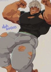 age_progression balls bara big_balls big_muscles big_penis blush bulge clothing flaccid growth_sequence male male_only marototori muscle_growth muscles muscular penis ripped_clothing solo solo_male