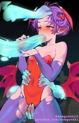 blush darkstalkers fellatio ghost ghost_hands heart-shaped_pupils lilith_aensland pointy_ears purple_hair ripped_clothing short_hair small_breasts snegovski thick_thighs