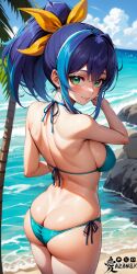 1girls absurd_res ai_generated ass ass_cleavage azanx8 beach_background bikini blue_hair blush butt_crack celina green_eyes hi_res looking_at_viewer ponytail rear_view ribbon serena_(yu-gi-oh!_arc-v) smile solo thick_ass thick_thighs underwear yu-gi-oh! yu-gi-oh!_arc-v