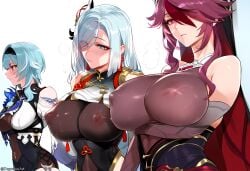 1girls 3girls ai_generated bare_shoulders blush breasts closed_mouth covered_nipples crossed_arms depressu erect_nipples eula_(genshin_impact) genshin_impact hair_over_one_eye heavy_breathing large_breasts long_hair looking_at_viewer looking_away multiple_girls rosaria_(genshin_impact) serious shenhe_(genshin_impact) shiny short_hair sweat