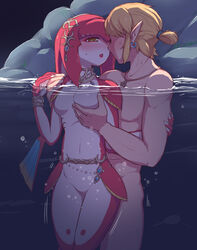 animal_humanoid blonde_hair blush breast_grab breasts breath_of_the_wild bubbles duo featureless_breasts featureless_crotch female fish hair hand_on_breast humanoid hylian imminent_kiss jewelry kuase link link_(breath_of_the_wild) male mammal marine mipha nintendo nude open_mouth partially_submerged pointy_ears romantic romantic_couple skinny_dipping straight the_legend_of_zelda video_games water yellow_eyes zora