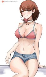 1girls 2020s 2021 big_breasts bikini blue_bottomwear blush breasts brown_eyes brown_hair choker denim_shorts ecstasy eyebrows_visible_through_hair female female_focus female_only front_view large_breasts legs_together manga megami_tensei nero_watch persona persona_3 shin_megami_tensei shiny_skin short_hair shorts sitting sitting_on_object smile solo solo_female thighs two_tone_bra yukari_takeba