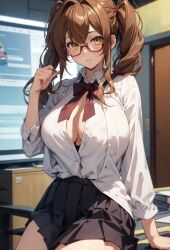 ai_generated blush braided_twintails brown_hair buttoned_shirt buttons_popping chalkboard cleavage_focus curled_hair dress_shirt dressed glasses high_school_dxd huge_breasts kiryuu_aika neck_ribbon red_neckwear school_skirt school_uniform schoolgirl schoolgirl_uniform shirt_open sitting_on_table tight_clothing tight_fit twintails yellow_eyes