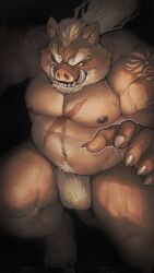 2024 anthro asian_clothing brown_body bulge clothing east_asian_clothing fundoshi hi_res humanoid_hands incarnata japanese_clothing kemono male male_only mammal musclegut muscular overweight overweight_male scar solo suid suina sus_(pig) underwear wild_boar