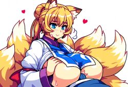 ai_generated animal_humanoid anthro big_breasts blonde_hair blue_eyes blush bodily_fluids breast_play breasts canid canid_humanoid canine canine_humanoid clothed clothing duo faceless_character faceless_male female female_focus fox fox_humanoid fur hair heart hellsonger hi_res huge_breasts human humanoid humanoid_focus male male/female mammal mammal_humanoid multi_tail paizuri penis ran_yakumo sex simple_background smile solo_focus sweat titfuck titjob touhou white_background