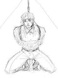 1boy adsword ambush_(trap) black_and_white bondage bondage_gear chest_exposed diamond_is_unbreakable dildo jojo's_bizarre_adventure looking_shocked male male_breasts male_nipples male_only monochrome part_2 part_of_a_set pecs pink_nipples restrained restrained_arms ripped_shirt sketch solo submissive_male tied_up torn_shirt twunk yoshikage_kira