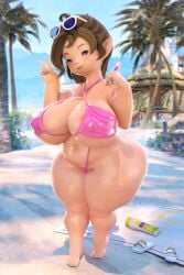 1female 3d big_breasts bikini blonde_hair blue_eyes bowtie brown_hair coel3d female final_fantasy_xiv full_body holding_popsicle krile_(ffxiv) krile_mayer_baldesion_(ff14) lalafell lipstick looking_at_viewer mature_female peace_sign ponytail shortstack smile solo solo_female square_enix thick_thighs white_skin