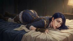 1girls accurate_art_style ai_generated arcane artist_request blue_hair boots caitlyn_kiramman clothed female female_only fingerless_gloves fully_clothed gloves hi_res highres indoors lamp league_of_legends long_hair on_bed on_stomach riot_games solo solo_female source_request thigh_holster