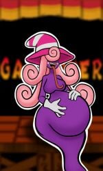 background beauteouscalithea big_belly breasts digestion game_over gloves hair_covering_eyes hands_on_belly holding_belly long_hair long_tongue mario_(series) nintendo open_mouth paper_mario paper_mario:_the_thousand-year_door pink_hair post_vore purple_body self_upload shadow_siren sharp_teeth sitting stage tongue_out vivian_(paper_mario) vore vore_belly witch_hat yellow_lipstick