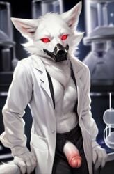 ai_generated changed_(video_game) clothing dr.k_(changed) furry furry_male furry_only gas_mask glowing_eyes human_penis humanoid_genitalia humanoid_penis lab_coat labratory male male_only red_eyes solo solo_male