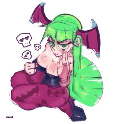 absurd_res breasts capcom clothing darkstalkers demon doubt_(thedo_ubt) drawn female green_eyes green_hair hair hi_res humanoid leggings legwear morrigan_aensland not_furry solo succubus thick_thighs tongue undressing