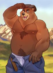 1boy 2024 anthro bear belly belt biceps body_hair bottomwear briefs chest_hair chest_tuft clothed clothing cowboy ear_piercing gol1ath hand_on_head hi_res looking_at_viewer male mammal manly mountain musclegut muscular navel nipples open_bottomwear open_clothing open_mouth open_pants outside pants pecs piercing pubes raised_arm slightly_chubby solo standing tighty_whities triceps tuft underwear white_briefs white_clothing white_underwear