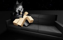 1boy 1girls 3d artist_request ass big_ass big_breasts big_butt big_dom_small_sub big_nipples big_thighs black_body black_hair black_nose breasts female female_domination imin_3ndplace male no_bra no_clothes no_clothing no_eyes no_panties no_pants no_pupils no_shoes no_underwear roblox robloxian source_request wolf_ears wolf_girl wolf_humanoid