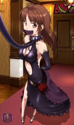 bondage bossbb41 captured chains cleavagecollar clothing did dress female gag gagged idolmaster kidnapped leash long_dress medium_breasts mouth_gag night_dress no_bra public ritsuko_akizuki slave slavegirl