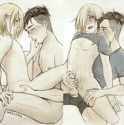 anal blonde_hair dark_hair male male_only nikkiyan otabek_altin pantsuyan tagme yaoi yuri!!!_on_ice yuri_plisetsky