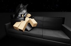 1boy 1girls 3d artist_request ass big_ass big_breasts big_butt big_dom_small_sub big_nipples big_thighs black_body black_hair black_nose breasts female female_domination imin_3ndplace male no_bra no_clothes no_clothing no_eyes no_panties no_pants no_pupils no_shoes no_underwear roblox robloxian source_request wolf_ears wolf_girl wolf_humanoid