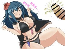 1boy 1girls alternate_costume bare_arms bare_midriff bare_thighs bikini black_bikini black_swimsuit breasts byleth_(female)_(summer)_(fire_emblem) byleth_(fire_emblem) byleth_(fire_emblem)_(female) cape censored cleavage closed_eyes daibu_seijin erection female female_focus fire_emblem fire_emblem:_three_houses fire_emblem_heroes flower hair_flower imminent_rape imminent_sex knife large_breasts long_hair male midriff nintendo official_alternate_costume on_back open_mouth penis rape sideboob sleep_molestation sleeping smegma smell smelly smelly_cock solo_focus sound_effects stray_pubic_hair swimsuit teal_hair thick_thighs thighs white_background zzz