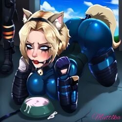 1girls ai_generated anal anal_object_insertion anal_tail annoyed bell bitchsuit blonde_hair blue_eyes bodysuit bondage bound bowl_of_cum buttplug collar_bell cum cum_in_container dog_bowl dog_ears dog_tail fake_animal_ears fake_tail gagged gsg9 iq_(rainbow_six) latex latex_bodysuit leash leash_and_collar muttika object_insertion pet pet_play petplay plug_(sex_toy) rainbow_six_siege red_lipstick runny_makeup short_hair tactical_gear tail