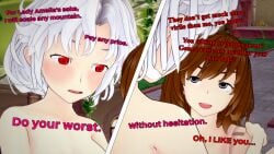 1boy 3d 3d_(artwork) brown_hair dialogue elyssa_(i_am_still_alive) english_text female femboy girly i_am_still_alive impregnation_request koikatsu loras_(mollyavast) mollyavast original puppet vampire white_hair