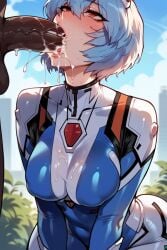 1boy 1girls ai_generated artcalypse blue_hair bodysuit breasts cum cum_in_mouth cum_inside dark-skinned_male dark_skin dripping excessive_cum fellatio female human light-skinned_female light_skin looking_at_partner looking_up neon_genesis_evangelion pale-skinned_female pale_skin pilot_suit plugsuit rei_ayanami short_hair tears thiccwithaq_(ai_style) tight_clothing