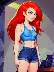 1girls 2024 2d ai_generated blue_shirt blue_shorts breasts crop_top female female_only green_eyes human jean_shorts jpeg jpg kim_possible kimberly_ann_possible nipples orange_hair red_hair see-through_top shorts solo