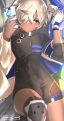 1boy absurdres arlan_(honkai:_star_rail) black_bodysuit blonde_hair blush bodysuit bulge cellphone closed_mouth dark-skinned_male dark_skin erection erection_under_clothes femboy feminine_male frown girly gloves hair_over_one_eye highres holding holding_phone honkai:_star_rail honkai_(series) male_focus male_only markyevan phone purple_eyes purple_nails selfie short_hair single_glove smartphone solo twitter_username white_gloves