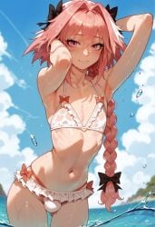 1boy a1exwell ai_generated armpits astolfo_(fate) bikini bulge fate_(series) femboy flat_chest stable_diffusion swimsuit water_drop wet