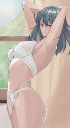 1girls armpits arms_behind_head arms_up ass bare_arms bare_midriff bare_thighs big_ass blue_eyes bra breasts byleth_(fire_emblem) byleth_(fire_emblem)_(female) calmgreentori female female_only fire_emblem fire_emblem:_three_houses indoors large_breasts long_hair looking_at_viewer midriff navel nintendo panties solo teacher teal_eyes teal_hair thighs underwear white_bra white_panties window