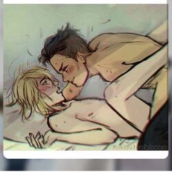 blonde_hair dark_hair male_only male_penetrating milkluv missionary otabek_altin yaoi yuri!!!_on_ice yuri_plisetsky