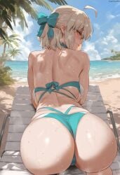 1girls ai_generated anal anal_sex bare_ass beach big_ass big_butt big_penis bikini blonde_hair breasts dark-skinned_male dark_penis fate_(series) fellatio female female_focus female_only fucked_from_behind fucked_silly hair_ribbon interracial large_ass light-skinned_female mikayori okita_souji_(fate) okita_souji_(fate)_(all) ribbon slutty_outfit solo solo_female sweat sweaty sweaty_butt tagme wet_ass wet_body wet_butt wet_skin yellow_eyes