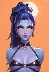 activision ai_generated amelie_lacroix blizzard_entertainment bondage choker earrings kimmiedot looking_at_viewer overwatch overwatch_2 purple_skin smug sweat tagme widowmaker