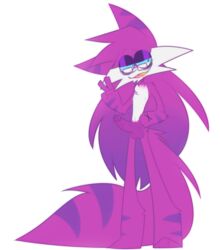 animation_meme_community anthro big_ears big_penis big_tail black_eyelids cat cat_ears cheek_tuft chest_tuft drool erection eyes_half_open fangs feline furry glasses gold_tooth long_hair male mystery_(sleepykinq) ombre_hair peace_sign penis purple_fur purple_hair sleepykinq solo striped_fur tail transparent_background veiny_penis white_fur x-shaped_pupil youtube