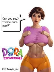 1girls ai_generated big_ass big_breasts brown_hair brown_skin dora_marquez dora_the_explorer female latina short_hair solo_female spanish_text tanyia_inc tight_clothing