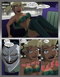 1boy 1girls batman:_the_animated_series batman_(series) blonde_hair blue_eyes breasts car clown comic comic_page dc dc_comics dcau dialogue erect_nipples harleen_quinzel harley_quinn nipples see-through see-through_clothing sharpie_(artist) speech_bubble strapless strapless_top the_joker tubetop twintails