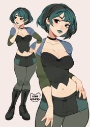 1girls artist_logo big_breasts black_hair blue_lipstick blue_strand_of_hair boots busty exposed_midriff female gwen_(tdi) hand_on_hip kamii_momoru light-skinned_female light_skin multiple_poses solo teal_hair thighs total_drama_island two_tone_hair