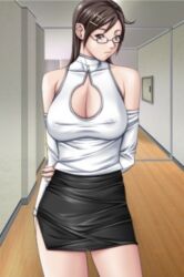 black_miniskirt brown_hair cleavage detached_sleeves discipline:record_of_a_crusade discipline_zero glasses hairpins kaneda_maiko large_breasts long_brown_hair long_hair miniskirt nipples nipples_visible_through_clothing sei_shoujo