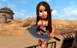 1girls 3d bantha-ii_cargo_skiff bare_shoulders big_breasts brown_hair busty cleavage curvy day detailed_background female female_only front_view green_eyes holding_object hourglass_figure human jabba's_palace kondaspeter leotard long_hair looking_at_viewer outdoor outside pose posing sand shadow shiny shiny_skin solo standing star_wars tatooine vibro_axe vivi_(kondaspeter) voluptuous weapon wide_hips