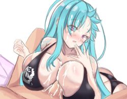 1boy akeno_(itsnafulol) ass ayannon_yumme between_breasts bikini blue_hair blush breast_press breasts cum cum_in_mouth cum_on_body cum_on_breasts cum_on_upper_body dat_ass female hair_between_eyes hair_over_one_eye huge_ass huge_breasts licking_finger licking_lips looking_at_viewer open_mouth paizuri penis pink_eyes sex smile straight swimsuit tongue tongue_out