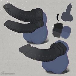 1:1 2019 animal_genitalia balls banana big_penis black_penis diphallia diphallism dragon flat_colors food fruit hi_res kaylum_(character) knot male_only model_sheet multi_penis naruka penis plant scale scales scalie sheath studs taper