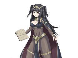 1girls bangs black_eyes black_hair bodystocking book breasts bridal_gauntlets cape cleavage covered_navel daibu_seijin expressionless female female_only fire_emblem fire_emblem_awakening large_breasts long_hair looking_at_viewer midriff nintendo pelvic_curtain simple_background solo solo_female solo_focus standing tharja_(fire_emblem) thighlet thighs very_long_hair white_background