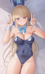 1girls armpits bare_armpits bare_arms bare_chest bare_hands bare_legs bare_shoulders bare_skin bare_thighs belly belly_button blonde_female blonde_hair blonde_hair_female blue_archive blue_bowtie blue_bunny_ears blue_eyes blue_eyes_female blue_fingernails blue_hair_ribbon blue_halo blue_leotard blue_nail blue_nail_polish blue_nails blue_ribbon bowtie breasts bunny_ears bunny_girl bunnysuit cleavage cleft_of_venus collar collarbone detached_collar dot_nose double_v elbows female female_focus female_only fingernails fingers groin hair_ribbon half_naked halo high_resolution highres hourglass_figure laying_down laying_on_back laying_on_bed legs leotard light-skinned_female light_skin long_hair looking_at_viewer medium_breasts nail nail_polish naked naked_female navel nude nude_female painted_nails peace_sign playboy_bunny pussy ribbon rryiup shoulders simple_background slender_body slender_waist slim_girl slim_waist solo thick_thighs thighs thin_waist toki_(blue_archive) upper_body v v-line v_sign white_background white_collar white_wrist_cuffs wide_hips wrist_cuffs