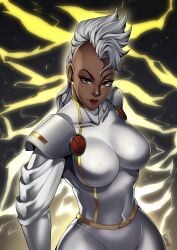 1girls big_breasts brown_eyes busty curvy dark-skinned_female dark_skin earrings female female_only human human_only lightning marvel marvel_comics mohawk_(hairstyle) mutant ororo_munroe storm_(x-men) superheroine thotlerrr tight_clothing treartz white_hair x-men x-men:_the_animated_series