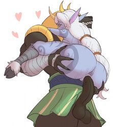 1boy animal_ears anus armor ass ass_grab bandage bandaged_arm bandaged_leg bandages bewbchan blue_skin body_markings clothed_male_nude_female female fingernails hair_tie heart hooves hug interspecies league_of_legends lifting nasus nude penis pointy_ears pussy riot_games sex sharp_fingernails skirt soraka straight teeth testicles underhoof upright_straddle vaginal_penetration white_background white_hair