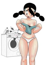 1girls big_eyes black_hair braids brown_eyes candice_(pokemon) covering_breasts female fumphole glaceon hair_over_one_eye human human_only looking_down nintendo pokemon pokemon_dppt shirt small_breasts sweat thigh_gap topless twintails white_background white_panties wide_hips